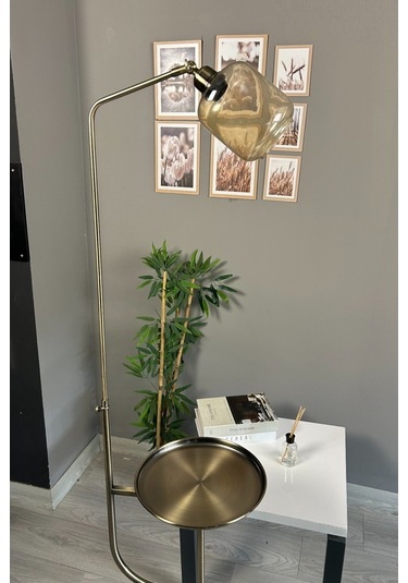 Diona Cam Bal Rengi Eskitme Gövde Düz Tepsili Lambader Modern Oturma Odası Uyumlu Natural