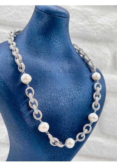 Özel Tasarım İncili 3'lü Kadın Gümüş Set - Kolye Seti Gümüş