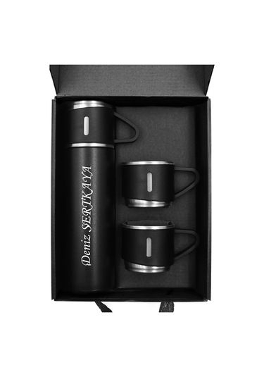 İsime Kişiye Özel Hediye 3 Bardaklı Paslanmaz Çelik Vakumlu Kahve Sıcak Soğuk Kamp Termos Seti Siyah Gri