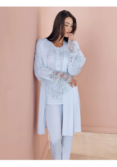 Penye 3'lü Sabahlık Pijama Takımı Mavi