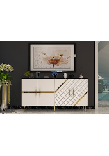 Pınar Konsol Tv Sehpası Çok Amaçlı Dolap 150 Cm Beyaz Altın
