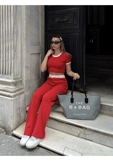 By Mop Crop Pantolon Biyeli Takım Kırmızı Kırmızı