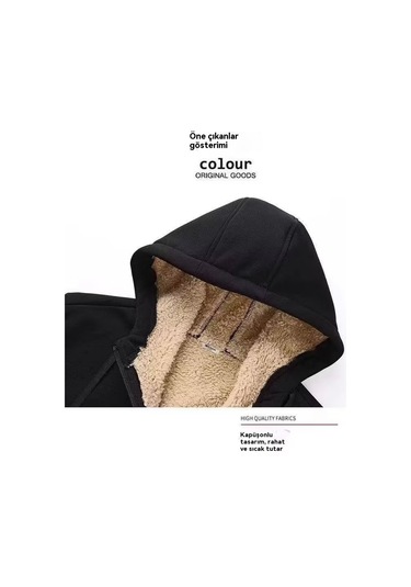 Erkek Kışlık Fermuarlı Kapüşonlu Hırka Sweatshirt Siyah