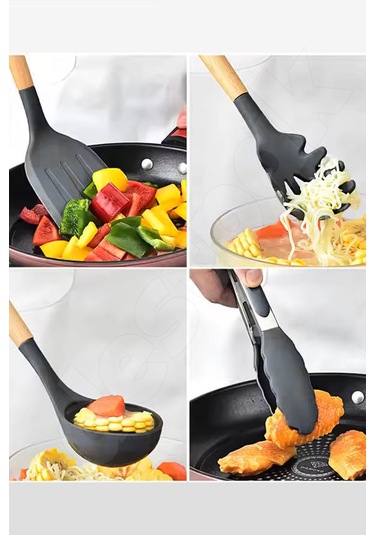 Siyah 11'li Bambu Saplı Silikon Servis Seti - Kepçe, Kevgir