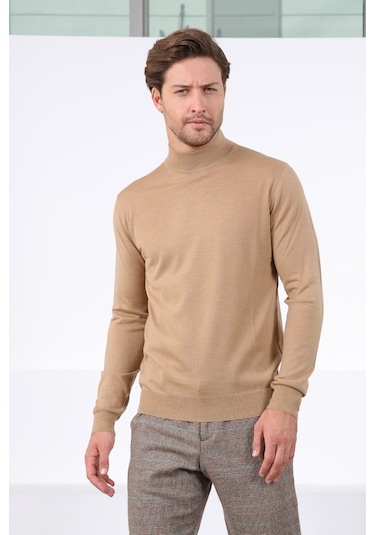 Ferraro Camel Yarım Balıkçı Superfine Yün Erkek Triko Kazak Camel