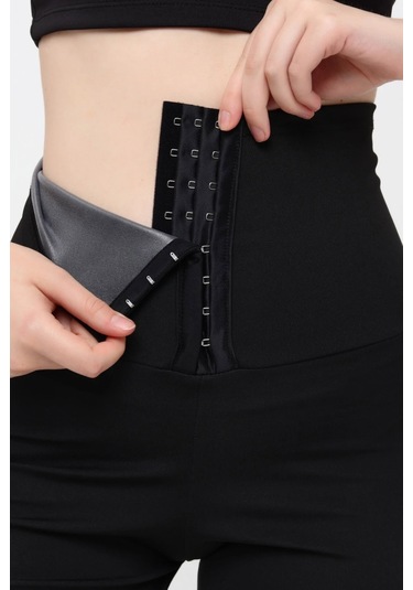 Sauna Termal Tertleme Taytı Agraflı Yüksek Bel Siyah Tayt Siyah