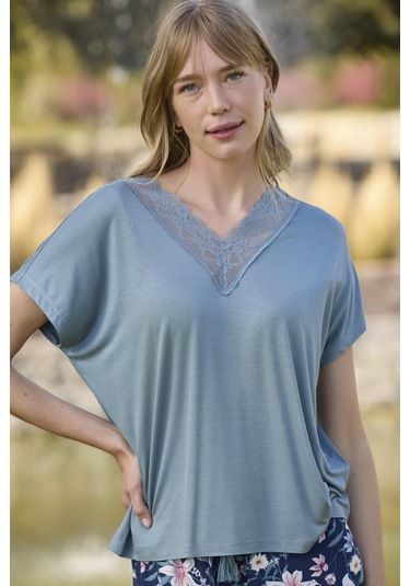 Monamise Kadın Çiçek Ve Yaprak Desenli Dantelli Şort Takımı 24102-yeşil Yeşil