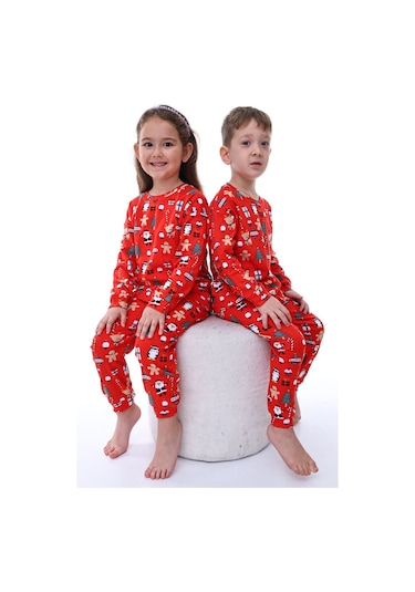 Zuzunga Yılbaşı Temalı Baston Şeker Desenli %100 Pamuk Unisex Pijama Takımı Kırmızı
