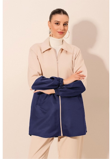 5909 Çift Renkli Mevsimlik Trençkot - Lacivert Lacivert