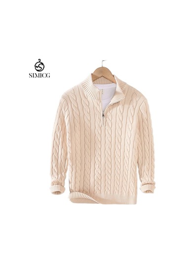 Erkek Sonbahar Ve Kış Sıcak Kalın Örme Balıkçı Yaka Kazak Beyaz