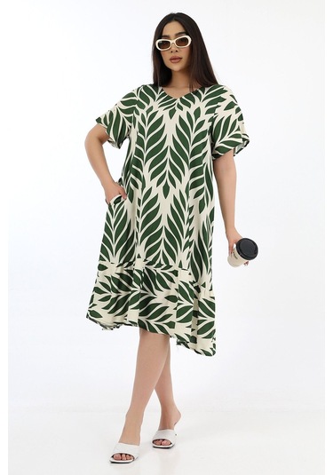 Kadın Viskon Yarım Kol V Yaka Fırfırlı Elbise Haki Haki