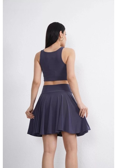 Sendy Kumaş Bisiklet Yaka Crop Şortlu Etek İkili Takım - Antrasit Antrasit