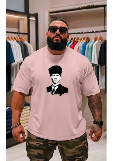 Atatürk Baskılı Oversize Unisex Tişört Pembe