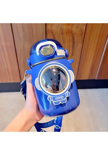 Velvettides Yaratıcı Çocuk Termos Kupası Sevimli Büyük Kapasiteli Saman Kupası Kız Yüksek Değerli Karikatür Paslanmaz Çelik Su Bardağı Mavi