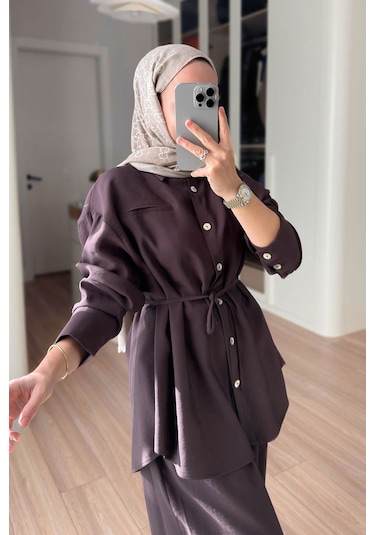 Ka Hijab Bağcıklı Bluz Pantolon Takım - Kahverengi