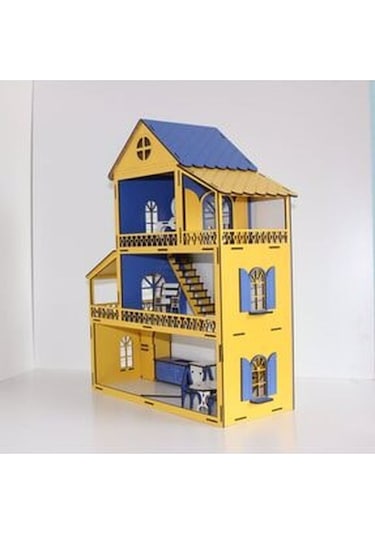 Ahşap Oyun Evi 60Cm 14 Eşya Sarı-Lacivert
