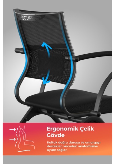 Ergolife Sit Air Ofis Koltuğu Tekerlekli, Bel Destekli, Fileli, Siyah, Bilgisayar Sandalyesi -572.60.1.682 Çok Renkli
