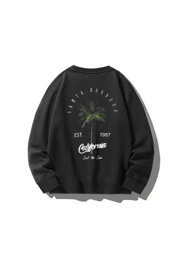 Santa Barbara Kışlık Kalın Sweatshirt - Siyah Baskılı Oversize Kalın Kışlık Bisiklet Yaka Siyah