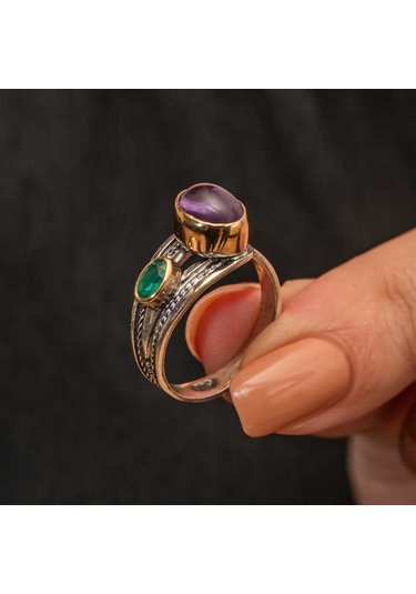 Blackcraft Gümüş Ametist Taşlı Zümrüt Otantik Ayarlanabilir Kadın Yüzük Bc-a62bb7 Renkli