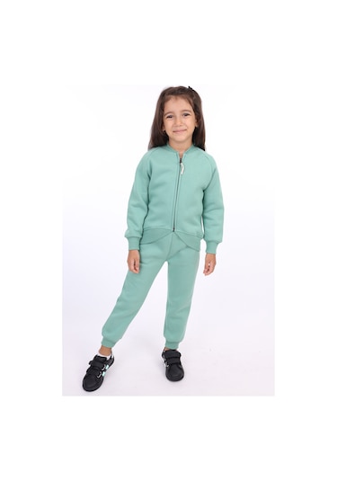 Kız Çocuk 2'li Takım Nakış Baskılı Bebe Yaka Fermuarlı Sweatshirt & Beli Lastikli Bol Paça Eşofman Altı - 3 İplik Şardonlu Yeşil