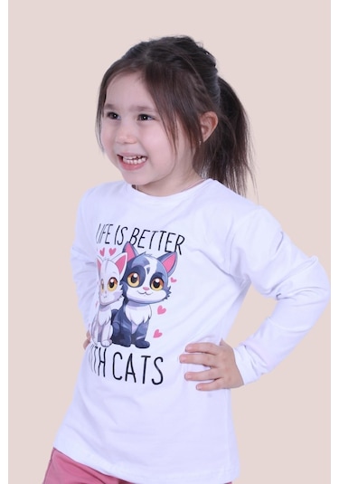 Life Is Better With Cats Baskılı Kız Çocuk Uzun Kol Beyaz Sweatshirt Beyaz