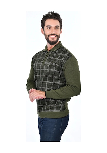 Kamalı Erkek Çelik Örgü Kazayağı Gömlek Yaka Fermuarlı Polo Yaka Tüylenmeyen Triko Kışlık Baba Kazak Haki