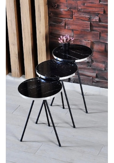 Zigon Sehpa 3'lü Siyah Metal Ayak Gümüş Siyah Bendir 1070