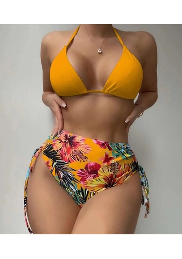 Bölünme Bikini Baskılı İpli Yüksek Bel Mayo Sarı