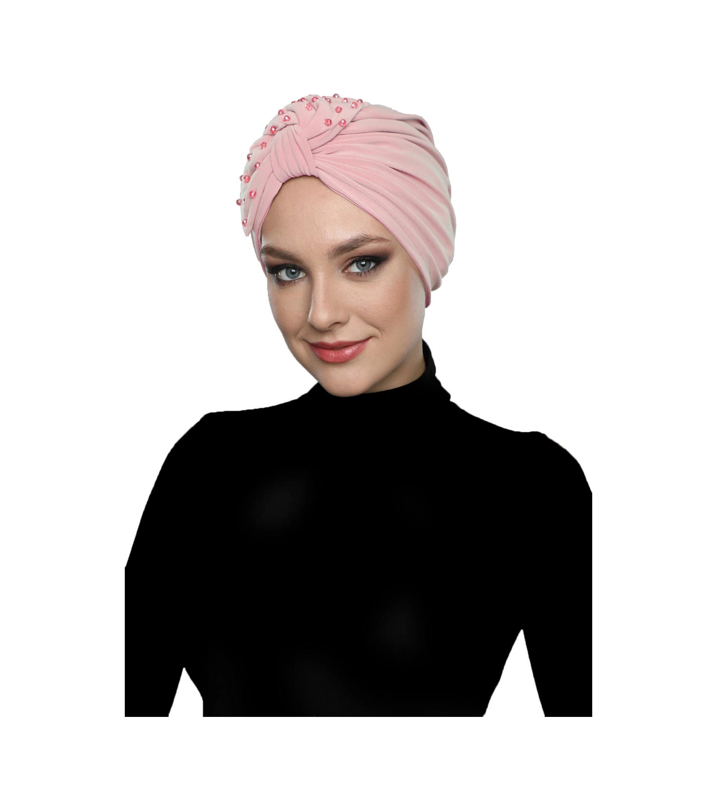 Kristal Yelpaze Taş Işlemeli Çift Taraflı Astarlı Pudra Hazır Türban Tesettür Abiye Bone Pudra