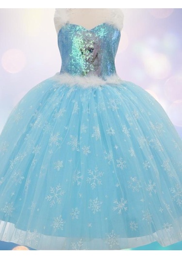 Kız Çocuk Tarlatanlı Simli Frozen Abiye-13694 Mavi