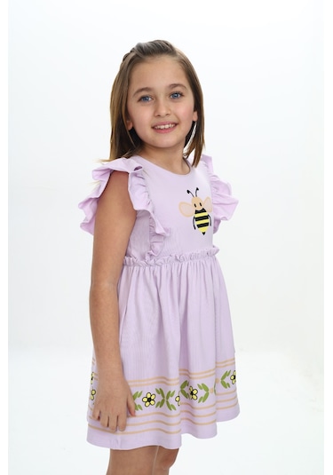 Toontoy Kids Toontoy Kız Çocuk Arı Baskılı Elbise Açık Lila