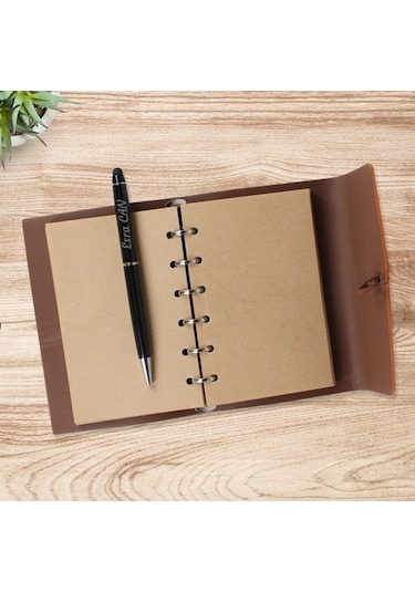 Kişiye Özel Retro Deri Kapaklı Bağcıklı Hatıra Defteri + Kalem