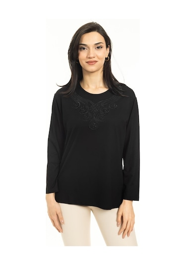 Kadın Orta Yaş Ve Üzeri Yeni Model Yuvarlak Yaka Likralı Anne Penye Bluz 30550-siyah