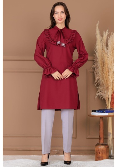 Asel Tunik Pantolon İkili Tesettür Takım Bordo Bordo