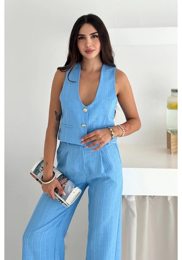 Çizgili Kumaş Yelek Takım Mavi Mavi
