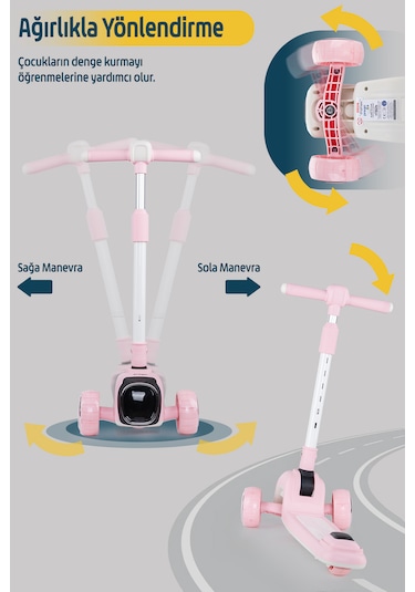 Prego Flow Müzikli Işıklı Oturaklı Çocuk Scooter Katlanabilir - Yükseklik Ayarlı Pembe