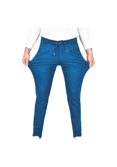 Deepsea Erkek Mavi Beli Lastikli Slim Fit Likralı Duble Paça Penye Spor Pantolon 2502385 Mavi