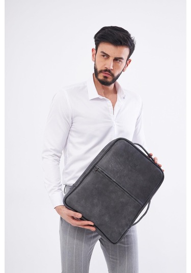 Derinss Dub3050 Hakiki Deri Gri Gölge Organizerli Laptop Sırt Çantası 001