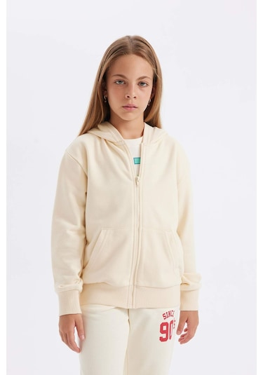 DeFacto Kız Çocuk Basic Düz Kapüşonlu Fermuarlı Cepli Okul Hırkası C8110A824AUER134 Ekru