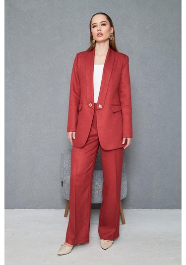 Kare Düğmeli Yünefekt Takım Kırmızı Kırmızı