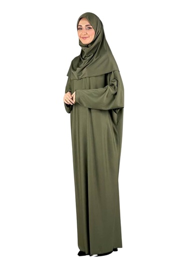 Namaz Elbisesi Eşarp Seccade Tesbih Set, İslami Giyim Takım Ferace Turban Şal Haki