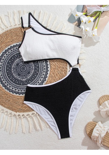 Yaz Patlamasımmodelleri Yüksek Bel İnce Tek Omuz Tek Tek Parça Mayo Metal Halka Degoratifi Darbe Renk Diişbikini Akımım Elbise Kadını Plaj Taatil Geçmezi Beyaz - Siyah