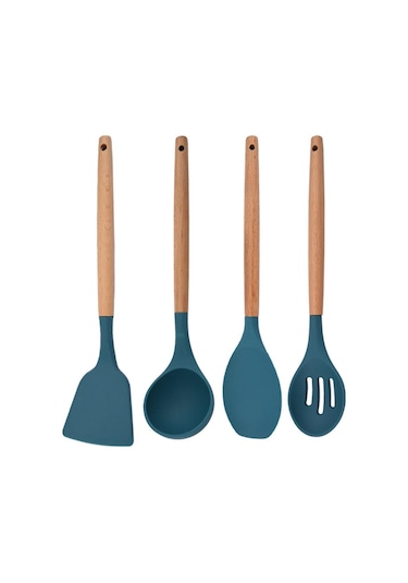 Mavi Yeşil Silikon Mutfak Pişirme Gereçleri Seti Yapışmaz Tencere Spatula Kürek Yumurta Çırpıcı Ahşap Saplı Mutfak Alet Seti 4pcs Mavi