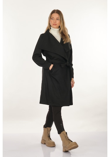 Tdee Concept Kruvaze Yaka Bağlama Detaylı Siyah Kadın Kaban 22295004 001