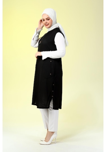 Kadin Buyuk Beden Petek Kumaş Cepli Fermuarlı Düğmeli Yelek 001