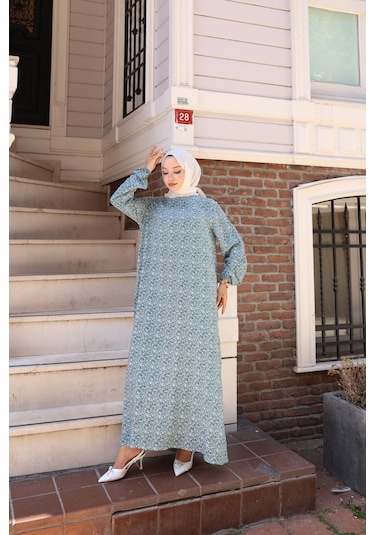 Çiçek Desenli Viskon Elbise - Açık Mavi / E0128 Açık Mavi
