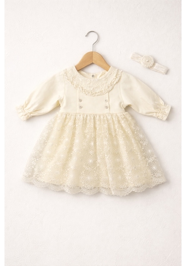 Işıl Baby Kız Bebek Dantel İşlemeli Uzun Kollu Elbise Bej