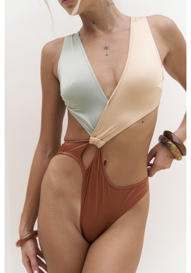 Zahra Renk Bloklu Kiremit Mayokini Çok Renkli