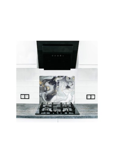 Dekoratif Cam Ocak Koruyucu ve Kesim Tablası Gri Altın Mermer 60c