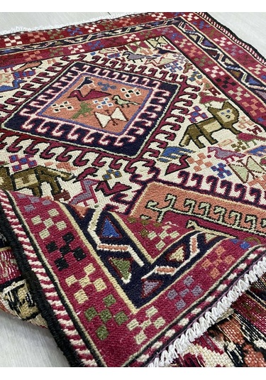 El Dokuma Şahseven Kilimi 84X100 Aslan Figürlü %100 Yün Kilim ! Kırmızı